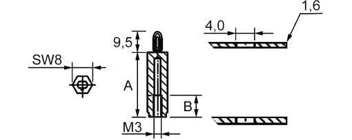 Výkres - Rozpěrka /sloupek/ plošných spojů M3, L=10 mm, PA 6.6 černá
