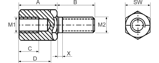 Výkres - Distanční sloupky - šestihranné M3/M3x10 SW5,5 L=60, ocel (S300Pb), pozinkované
