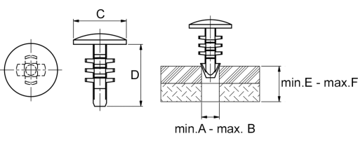 Výkres - Upevňovací kolíky - PineTreeClip 2,7/1,5-8, PA, černá